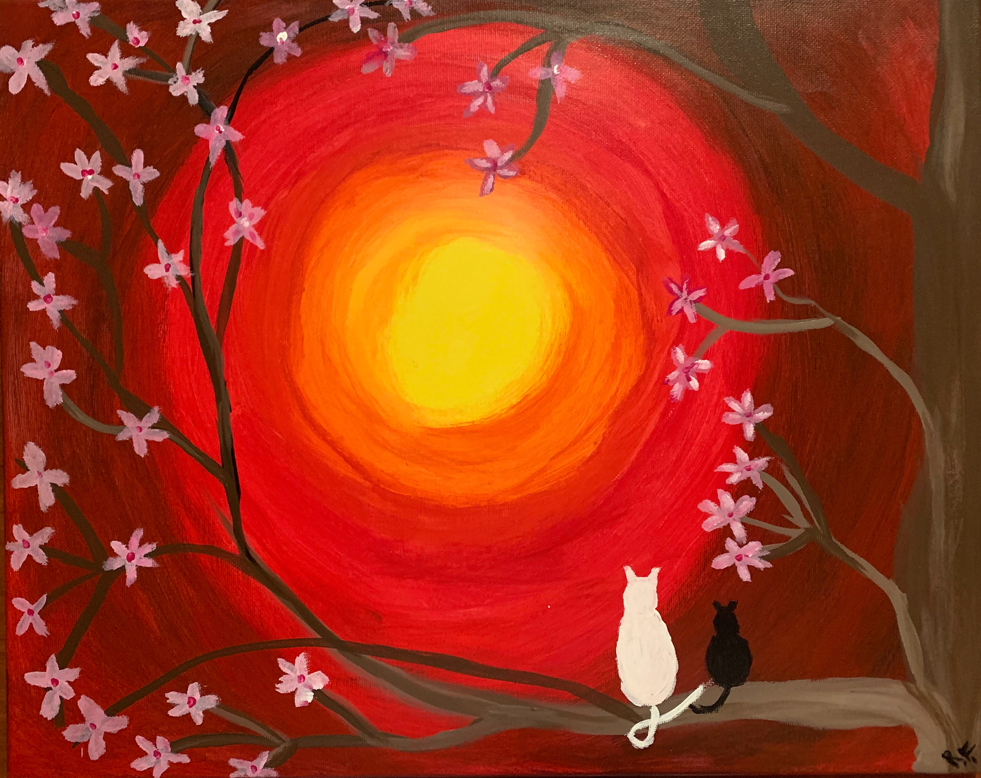 "Sunset with Cats"  20.5 x 24, acrylic on canvas