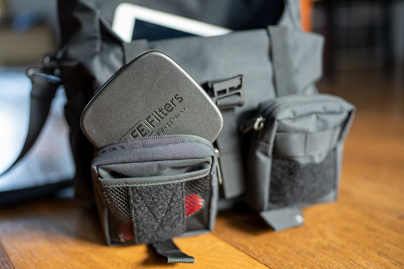 Detail shot of the camera bag and modules contents