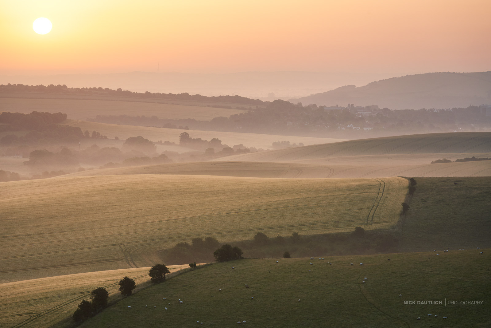 Glowing hills of the South Downs at misty sunrise