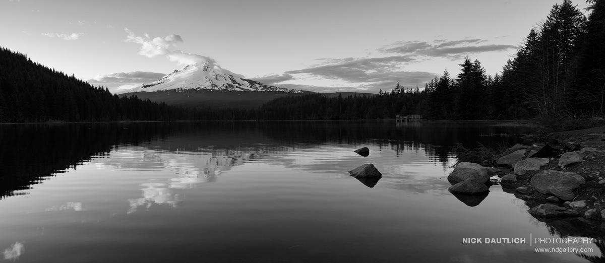 Black and white panorama of snowy mount hood view