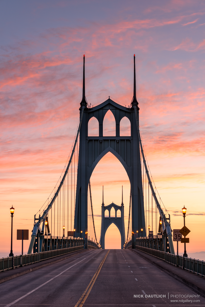 Amazing St Johns Bridge in Portland Oregon during sunrise and no cars!