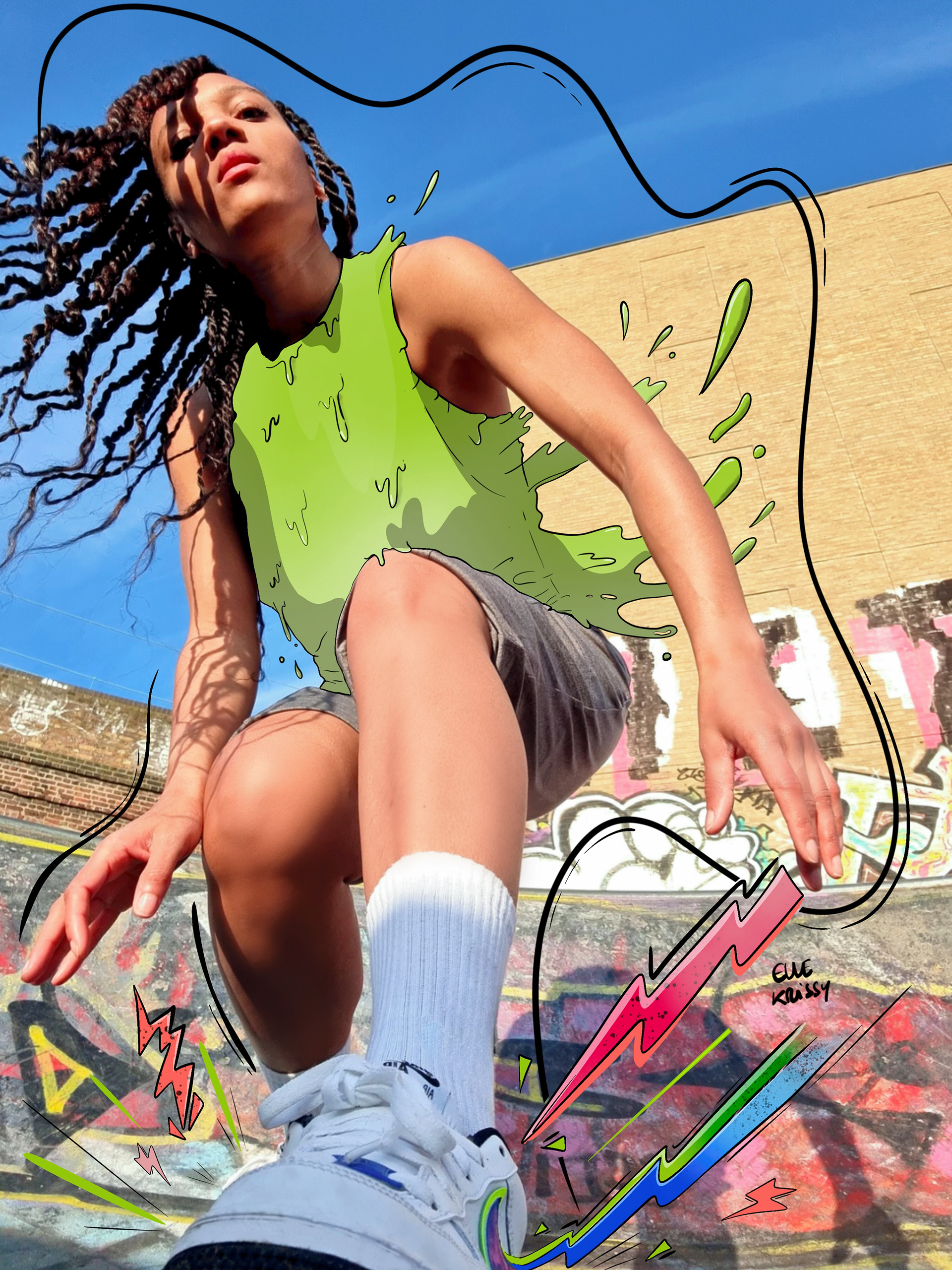 Urban Vibes at the Skatepark | A self-portrait created in a skatepark, inspired by urban energy. I incorporated speakers and a draped effect on the T-shirt to emphasize the scene’s dynamic vibe.