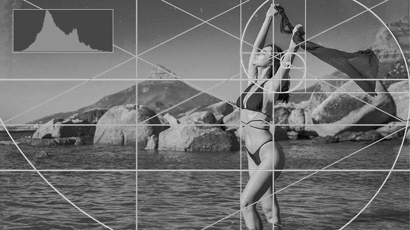 Fashion photograph taken in Cape Town with composition guidelines overlaid — golden ratio, rule of thirds and diagonal lines — illustrating the principles of image composition. LeFu Photography coaching.