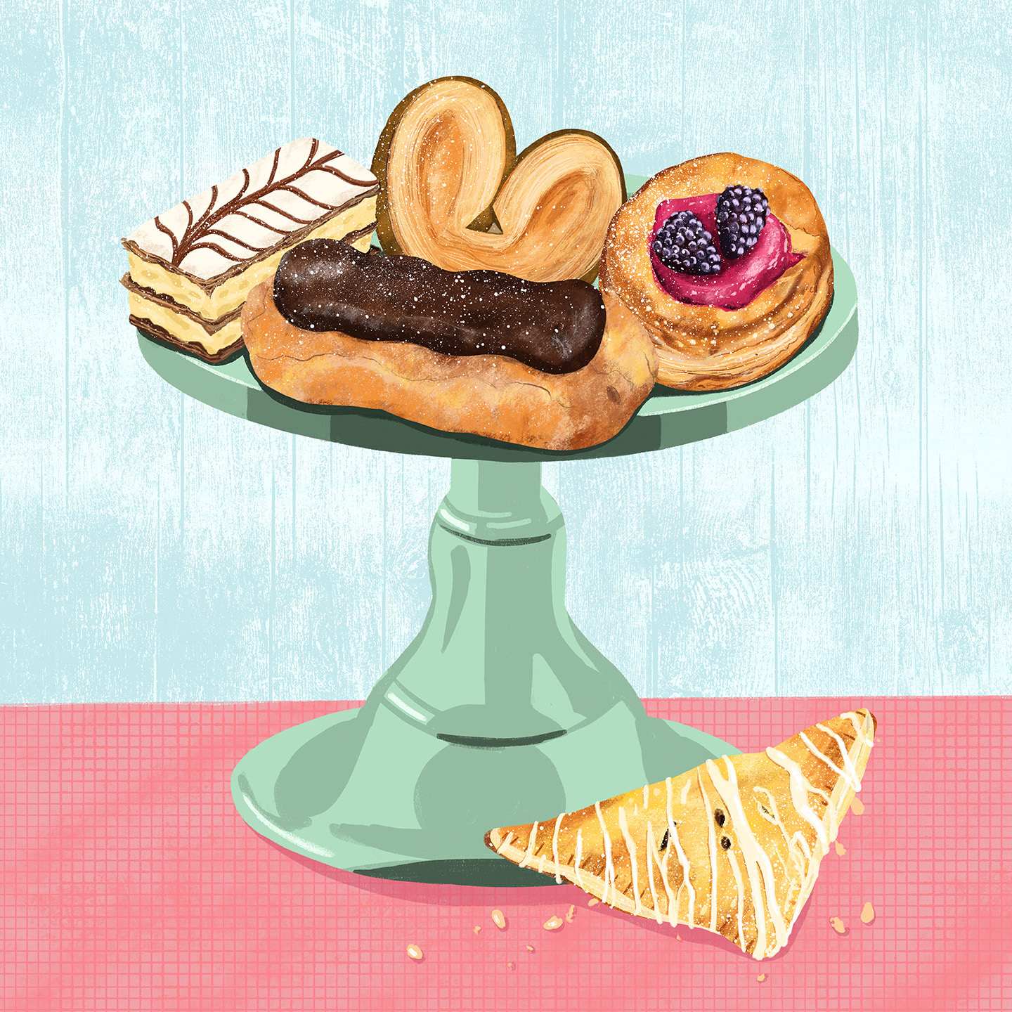 Sweet Pastries food illustration created in Procreate by Sarah Whittle, Cornwall..