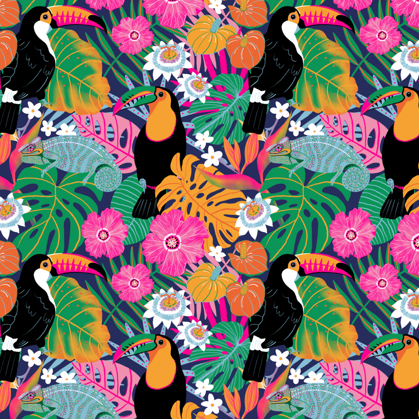 Tropical Toucans Surface Pattern Design by Sarah Whittle Illustration, Cornwall