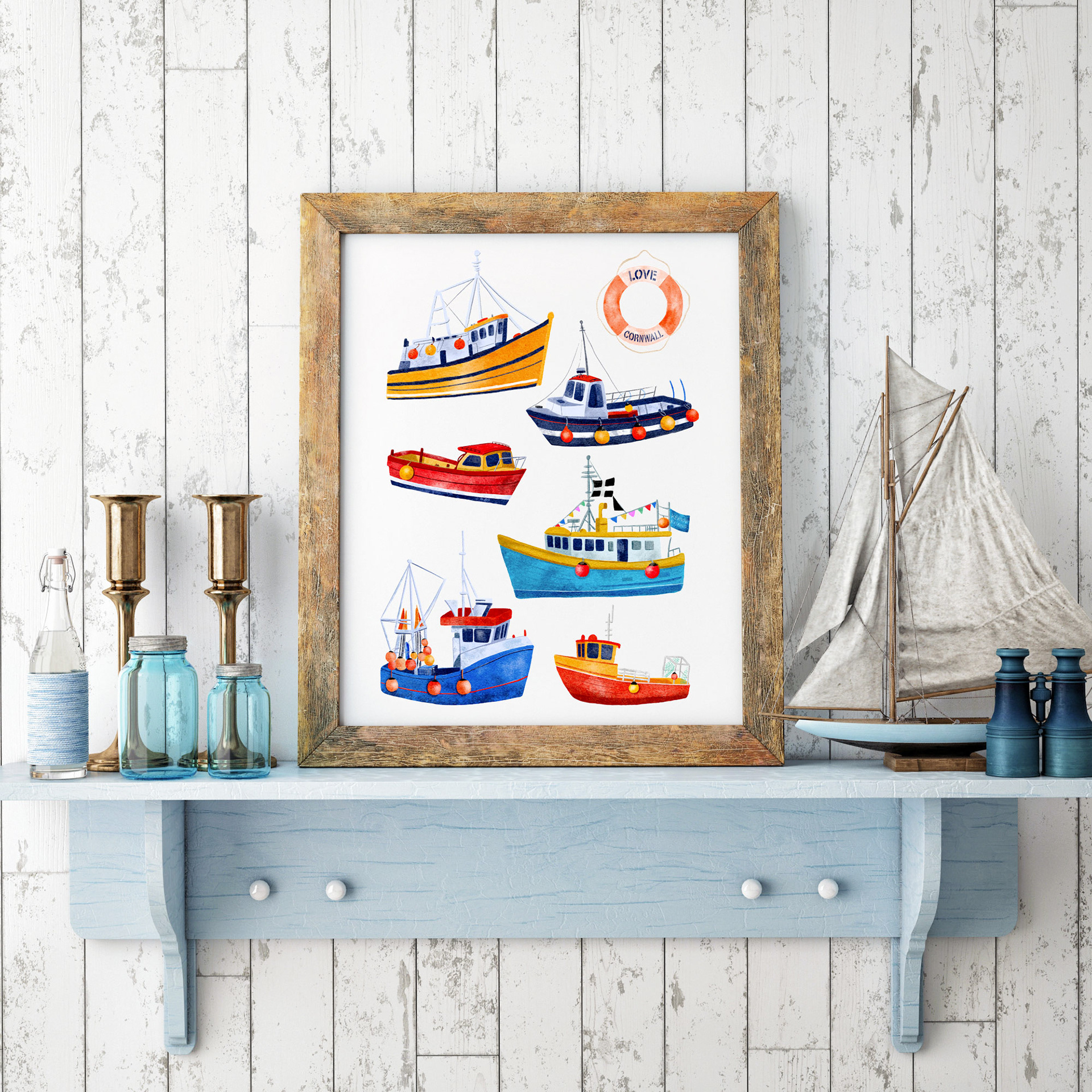 Cornish Fishing Boats Art Print by Sarah Whittle Illustration