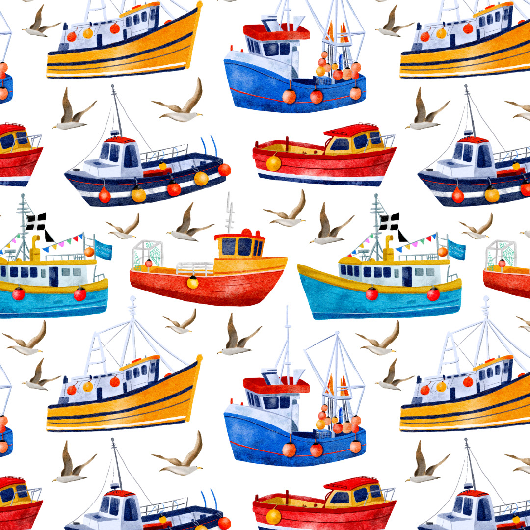 Cornish Fishing Boats Surface Pattern Design by Sarah Whittle Illustration, Cornwall