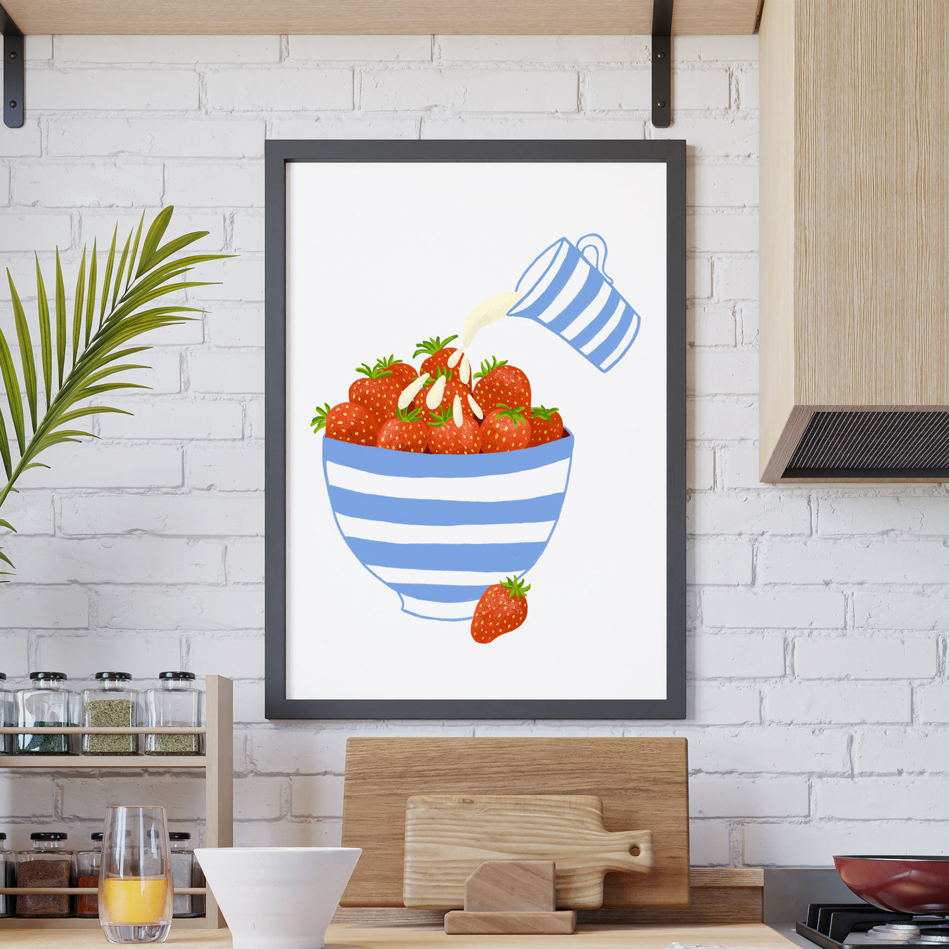 Strawberries and Cream in a Cornishware Bowl by Sarah Whittle Illustration, Cornwall