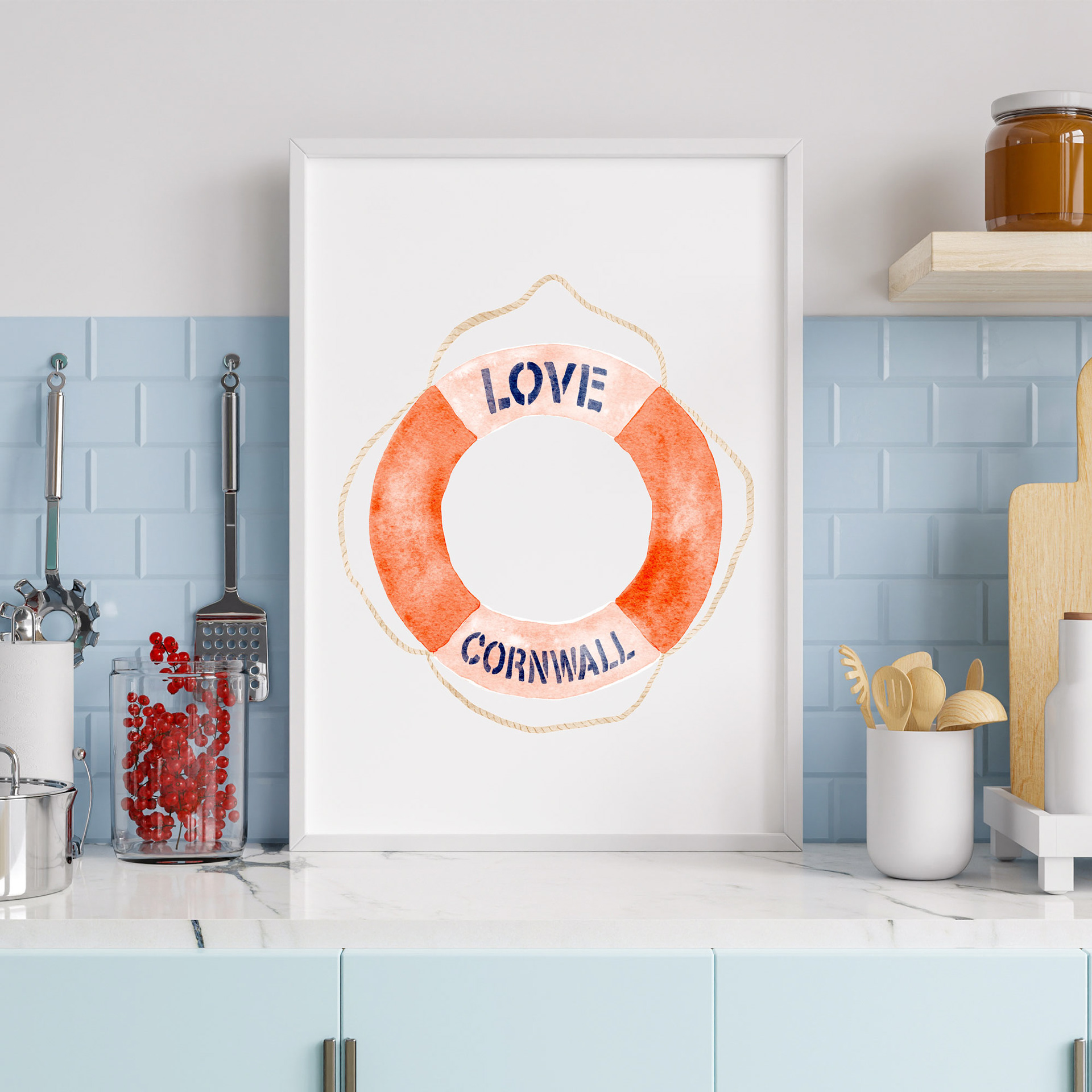 Love Cornwall Lifebuoy Ring Art Print by Sarah Whittle Illustration, Cornwall