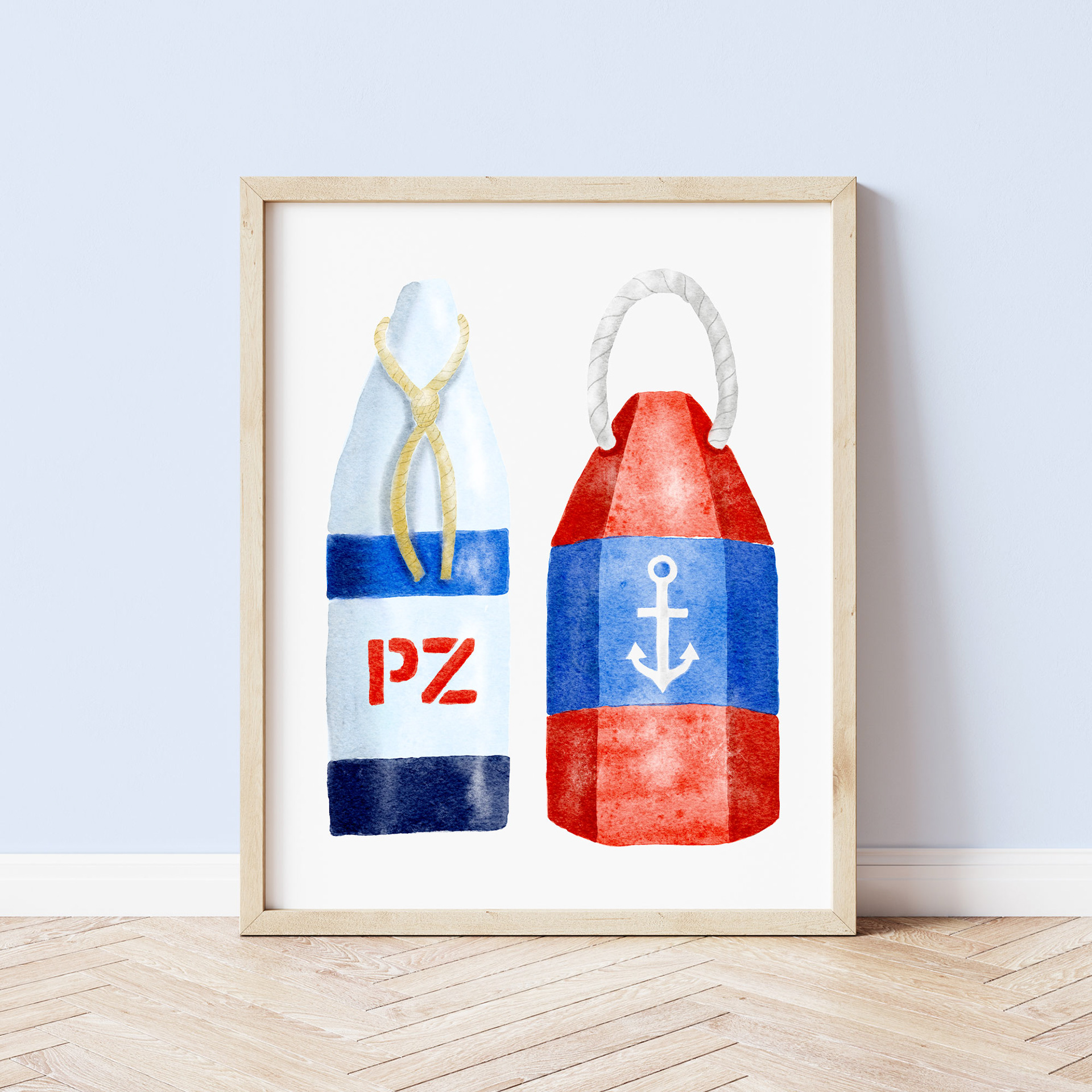 Two Lobster Buoys Art Print by Sarah Whittle Illustration, Cornwall