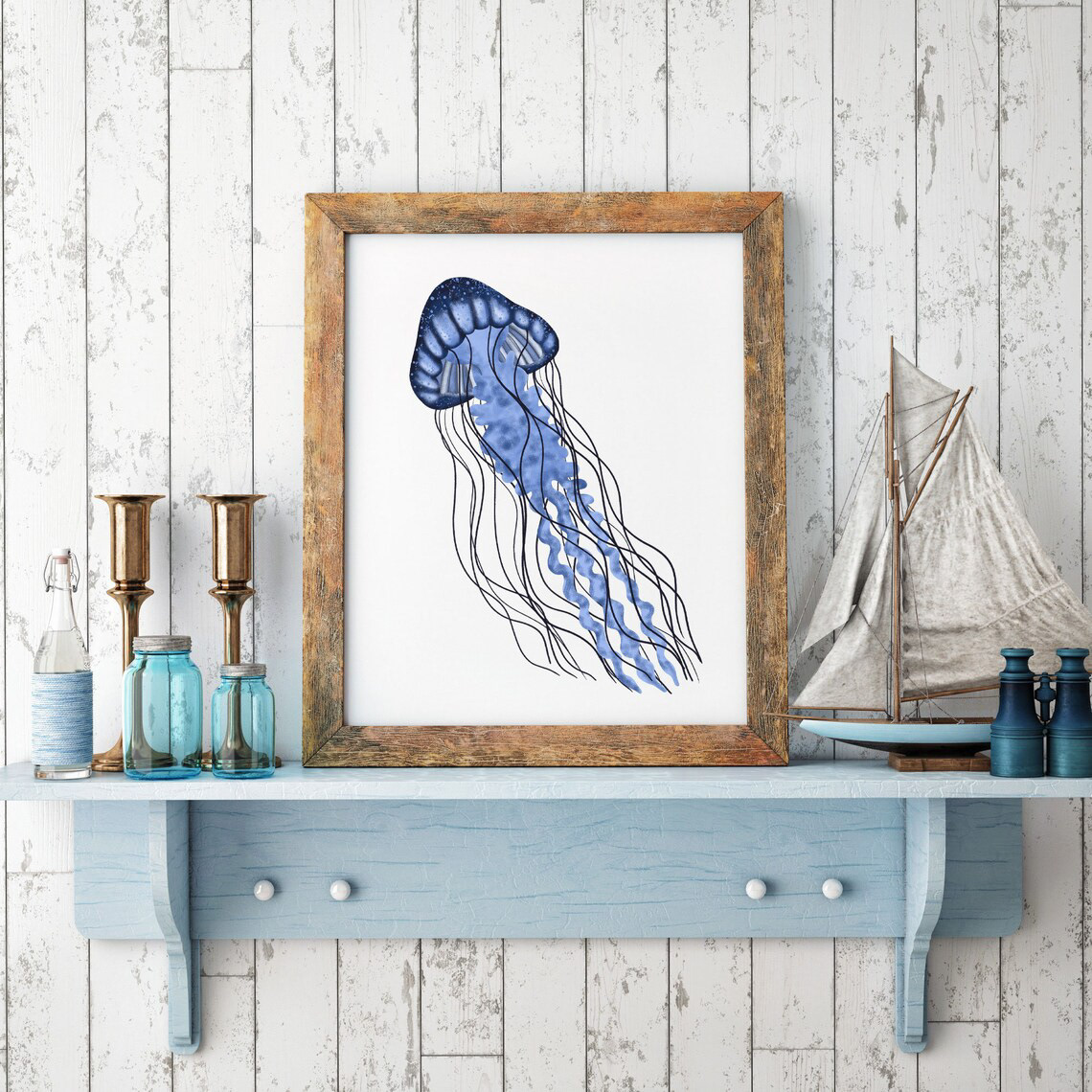Blue Jellyfish Art Print by Sarah Whittle Illustration, Cornwall