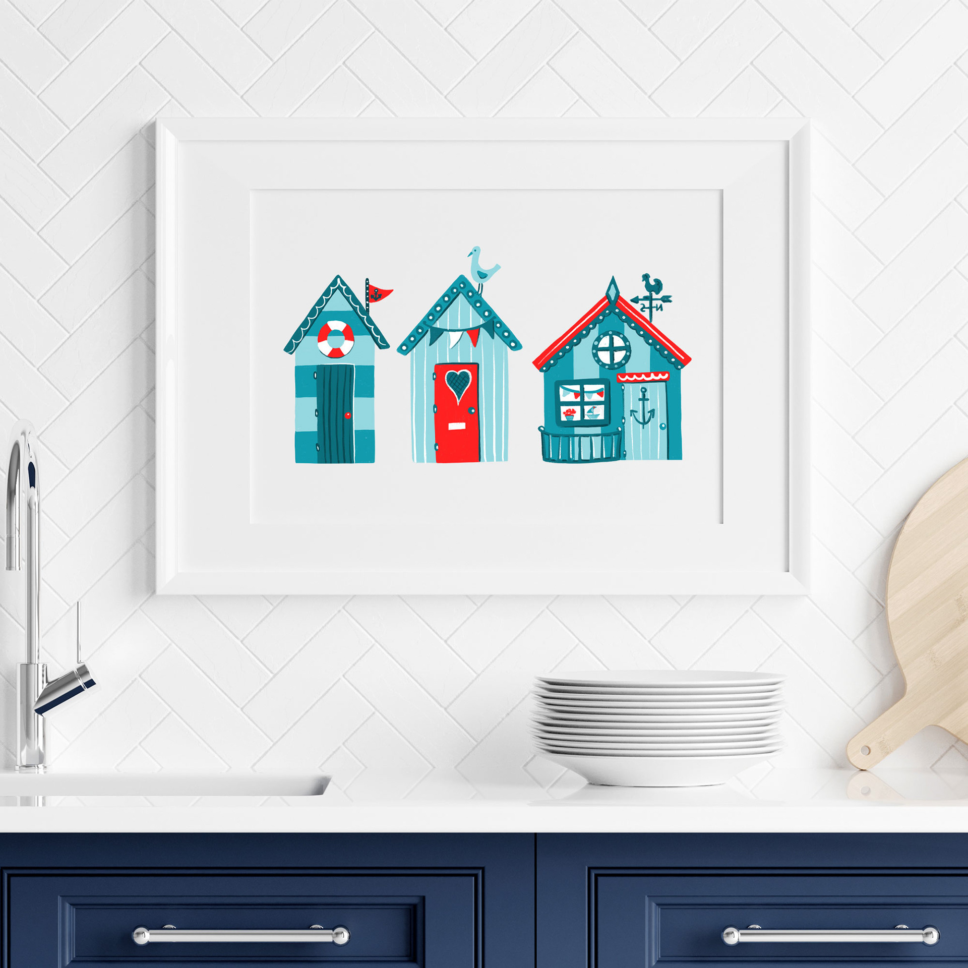 Beach Huts Art Print by Sarah Whittle Illustration, Cornwall