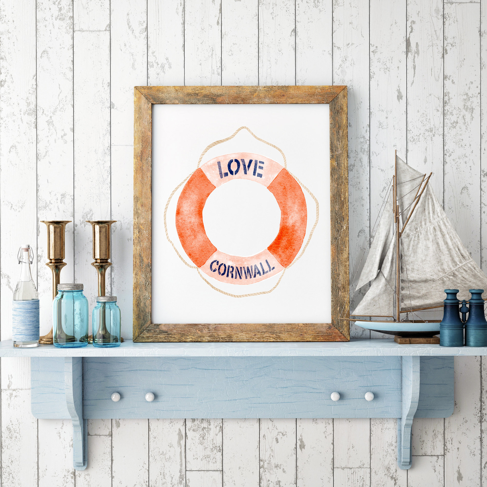 Love Cornwall Lifebuoy Ring Art Print by Sarah Whittle Illustration, Cornwall