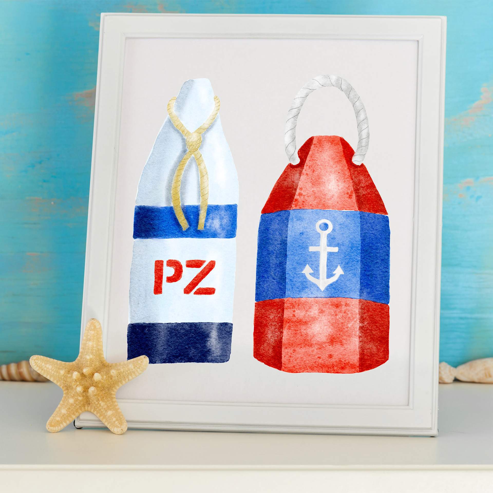 Two Lobster Buoys Art Print by Sarah Whittle Illustration, Cornwall