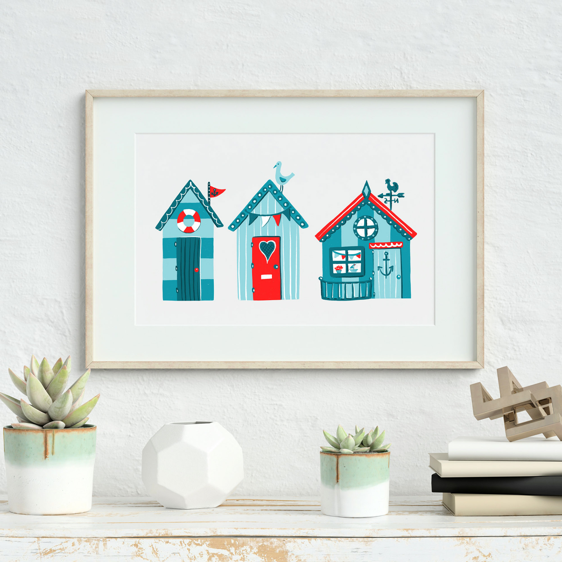 Beach Huts Art Print by Sarah Whittle Illustration, Cornwall