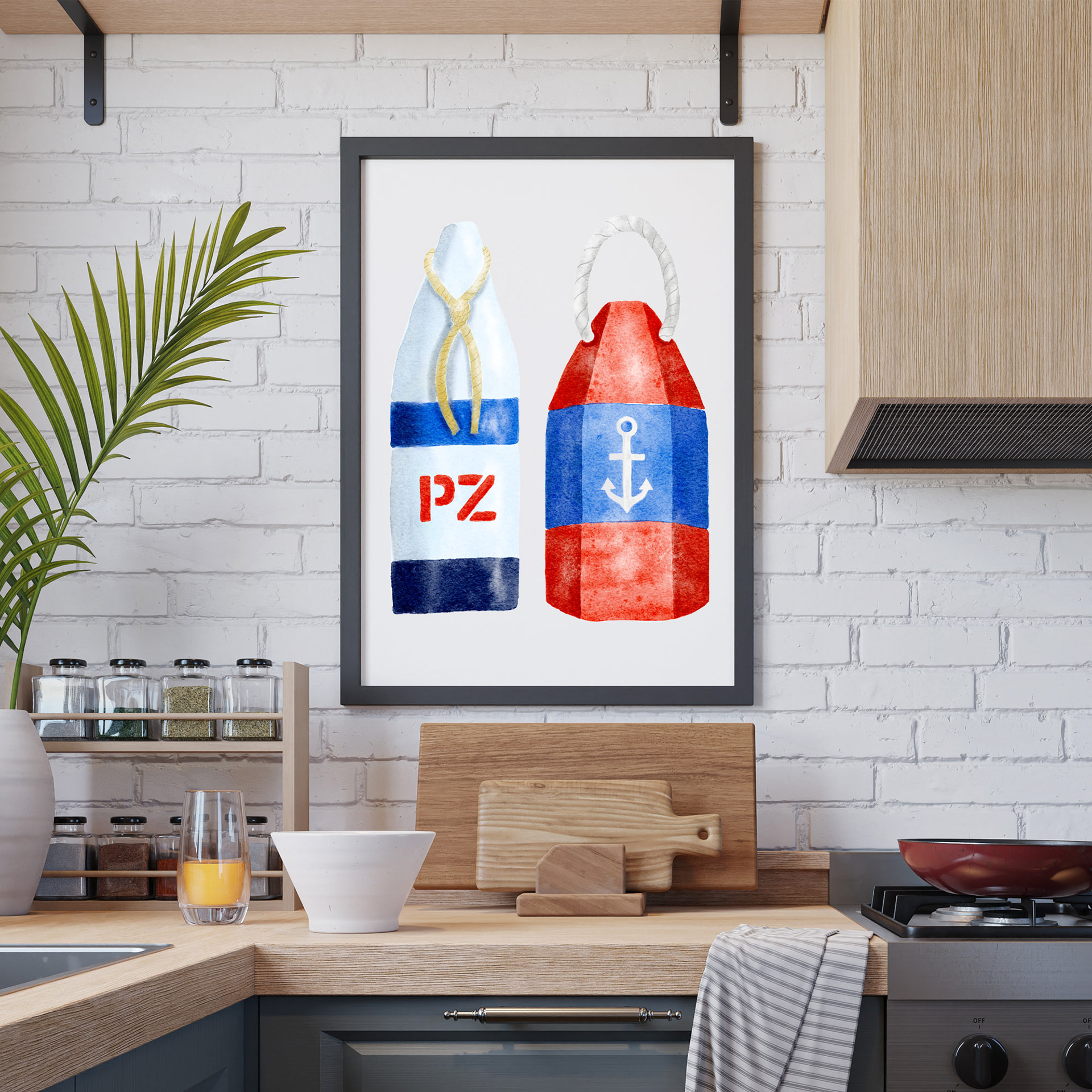 Two Lobster Buoys Art Print by Sarah Whittle Illustration, Cornwall