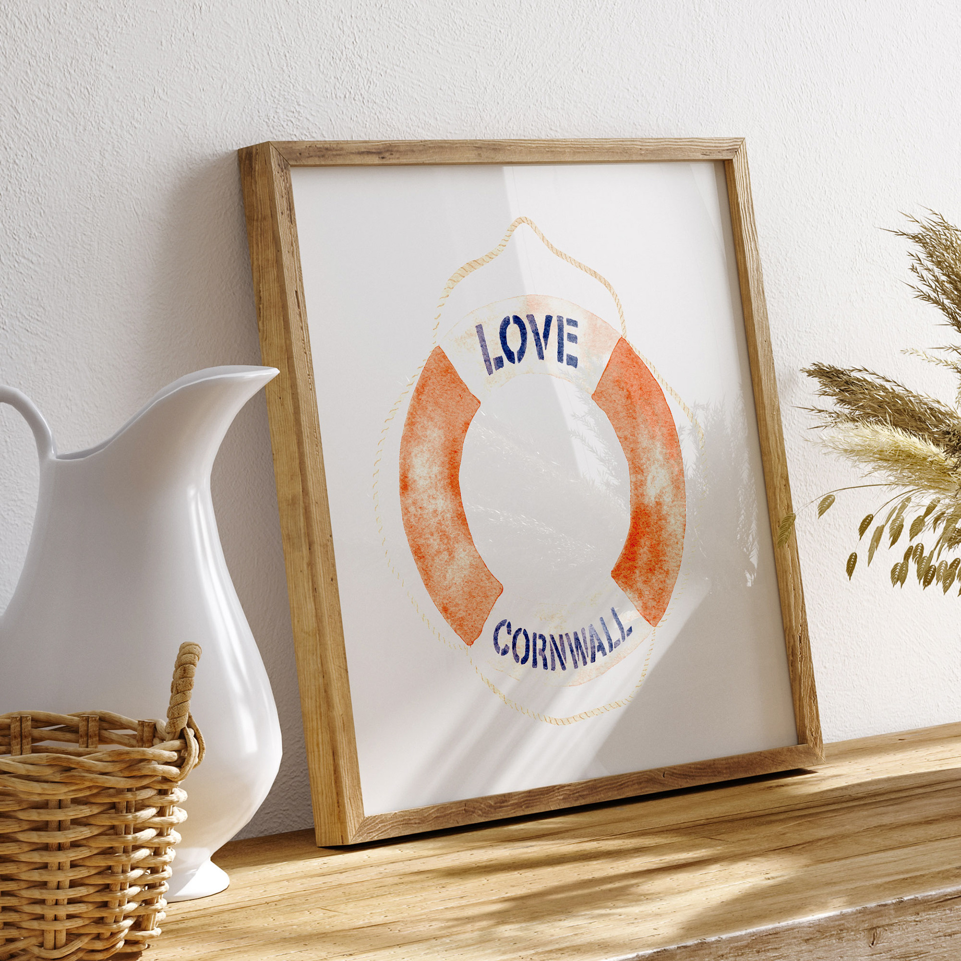 Love Cornwall Lifebuoy Ring Art Print by Sarah Whittle Illustration, Cornwall