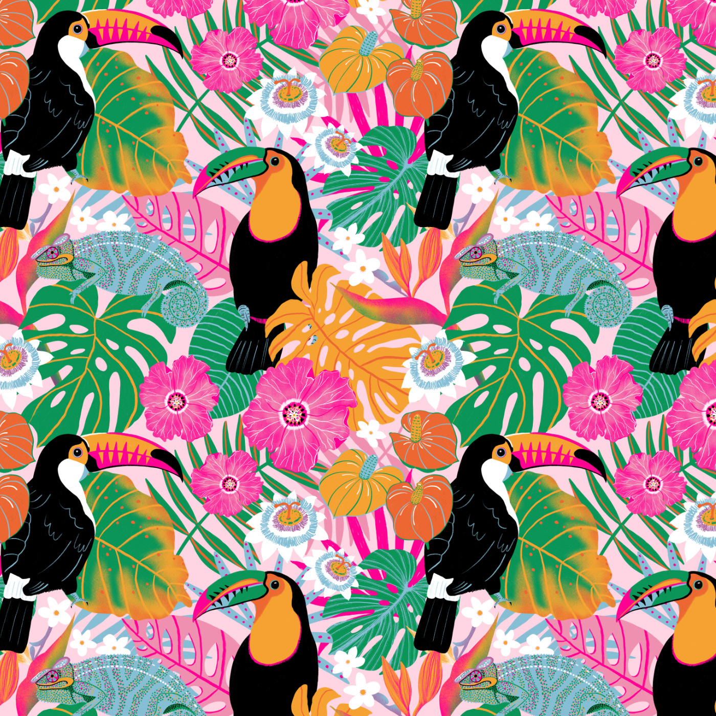 Tropical Toucans Surface Pattern Design by Sarah Whittle Illustration, Cornwall