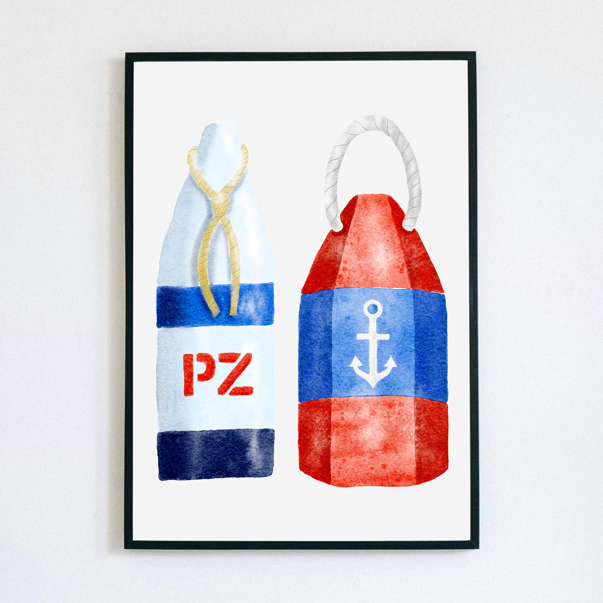 Two Lobster Buoys Art Print by Sarah Whittle Illustration, Cornwall