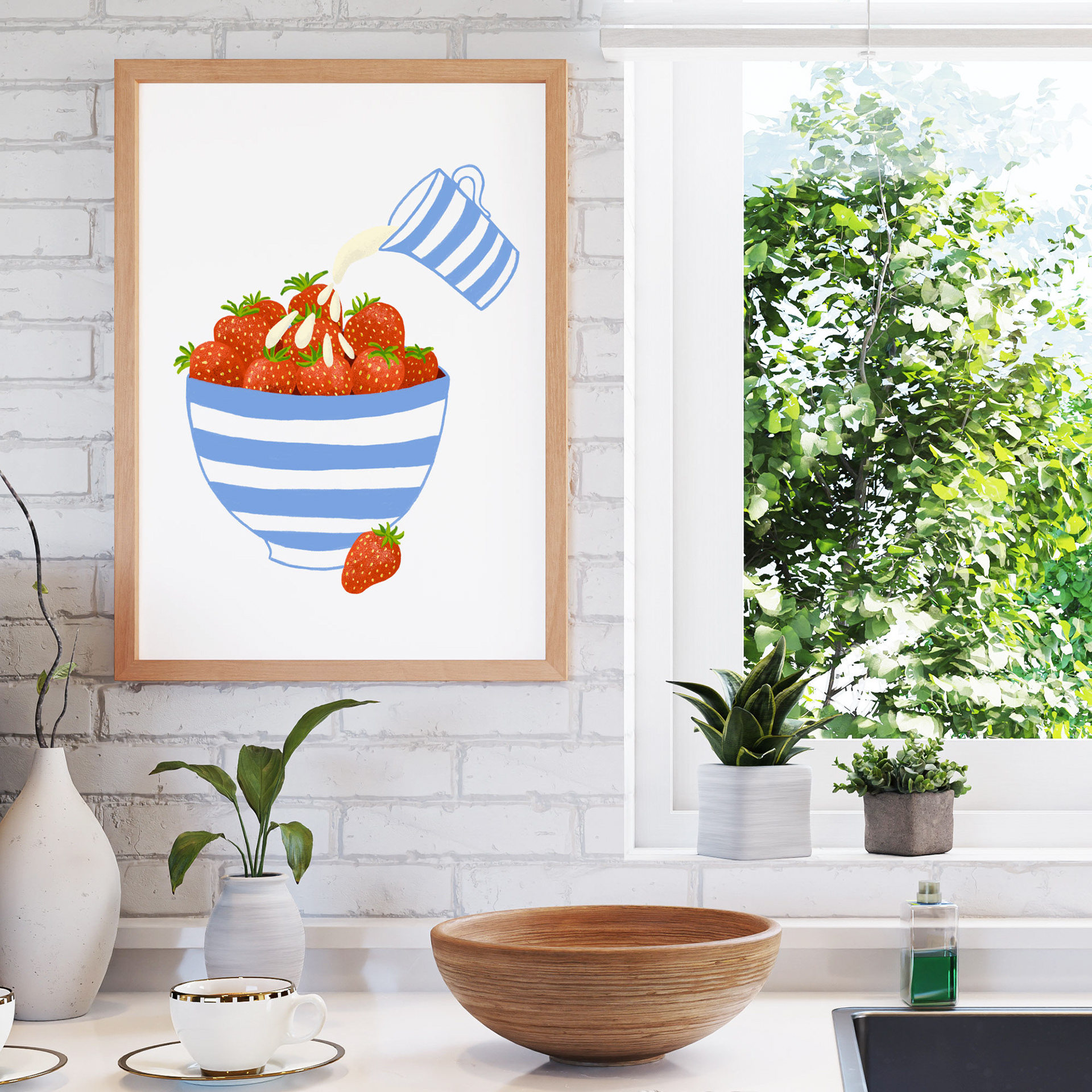 Strawberries and Cream in a Cornishware Bowl by Sarah Whittle Illustration, Cornwall