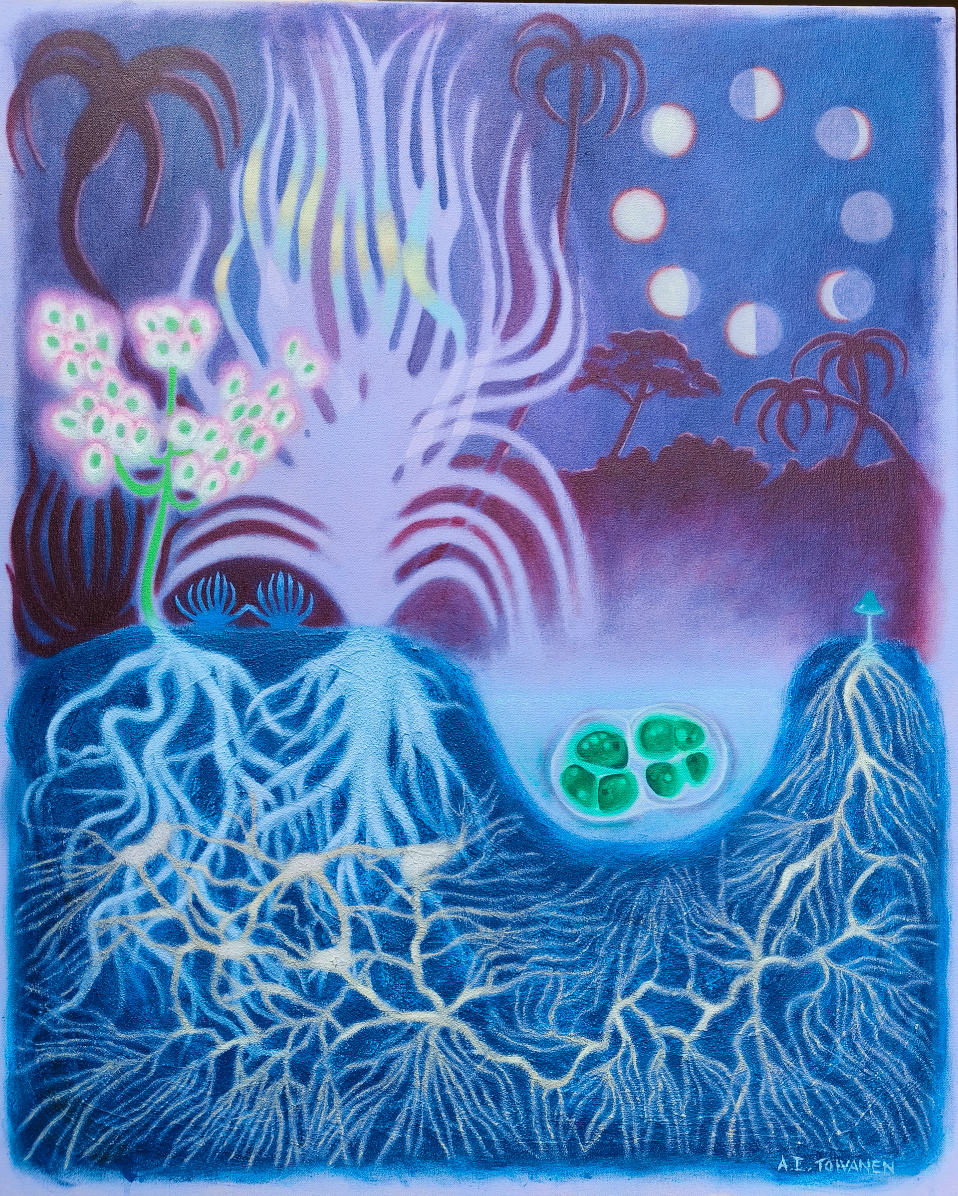 The Roots of Memory: Botanical Recollections. 2024. Oil, acrylic, sand, soft pastel and oil pastel on canvas. 90 x 73 cm.