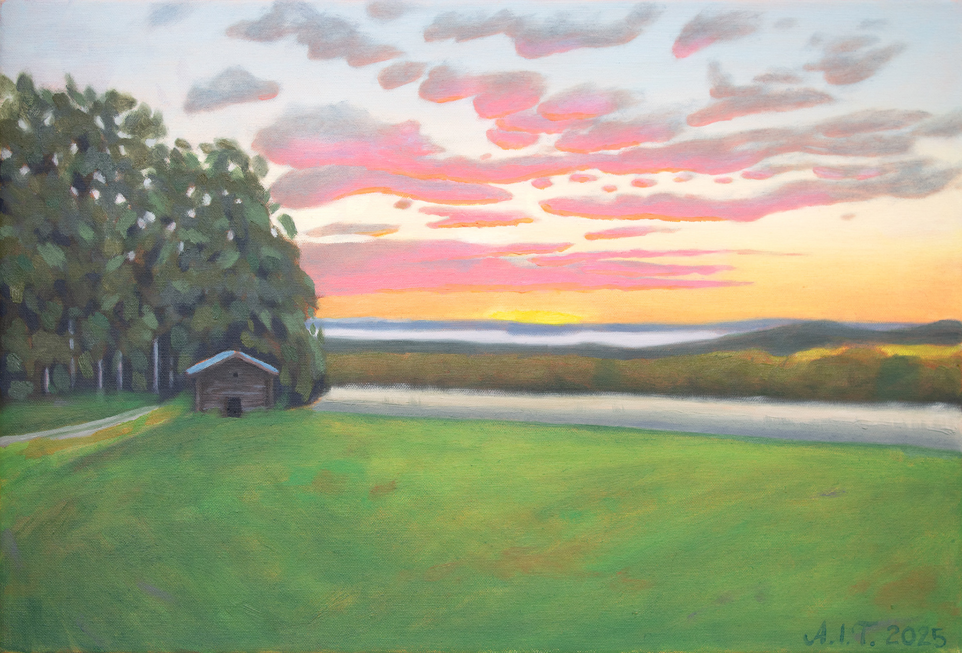 Evening view towards the granary 2025. Water soluble oil on cotton. 60 x 40 cm. Comission.