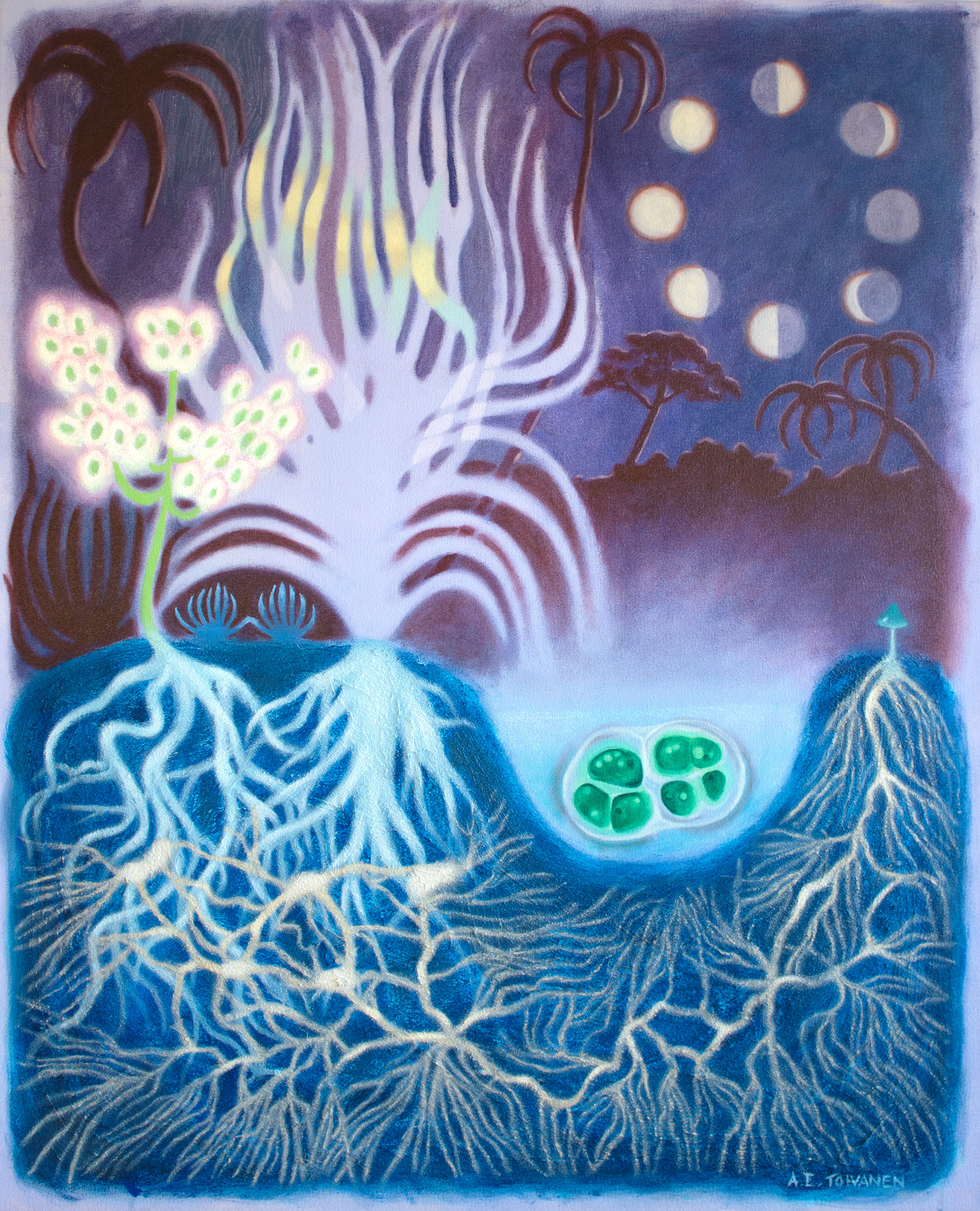 The Roots of Memory: Botanical Recollections. Oil, acrylic, soft pastel, oil pastel and sand on canvas. 73 x 93 cm. 2024.