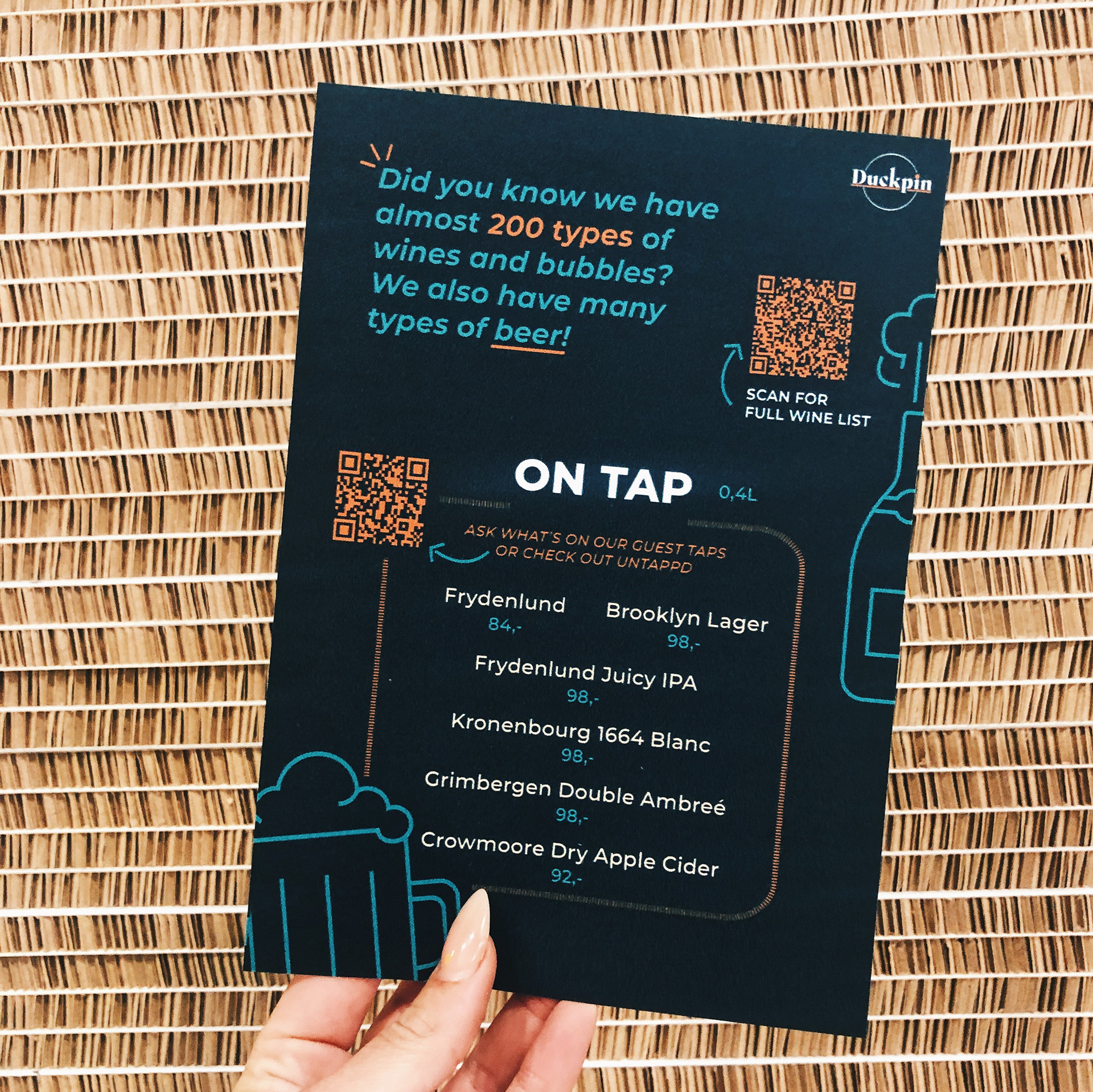 Drinks menu front with QR codes