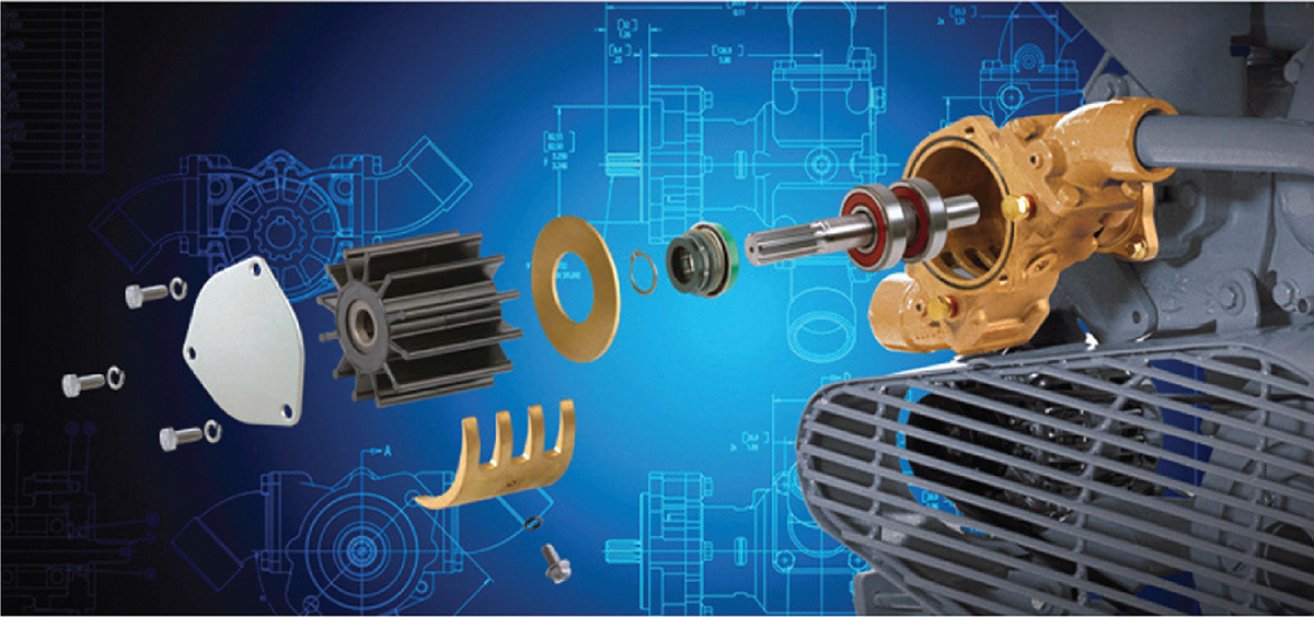 Commercial industrial photography of a Sherwood marine engine cooling pump technical exploded view by John Hermansen