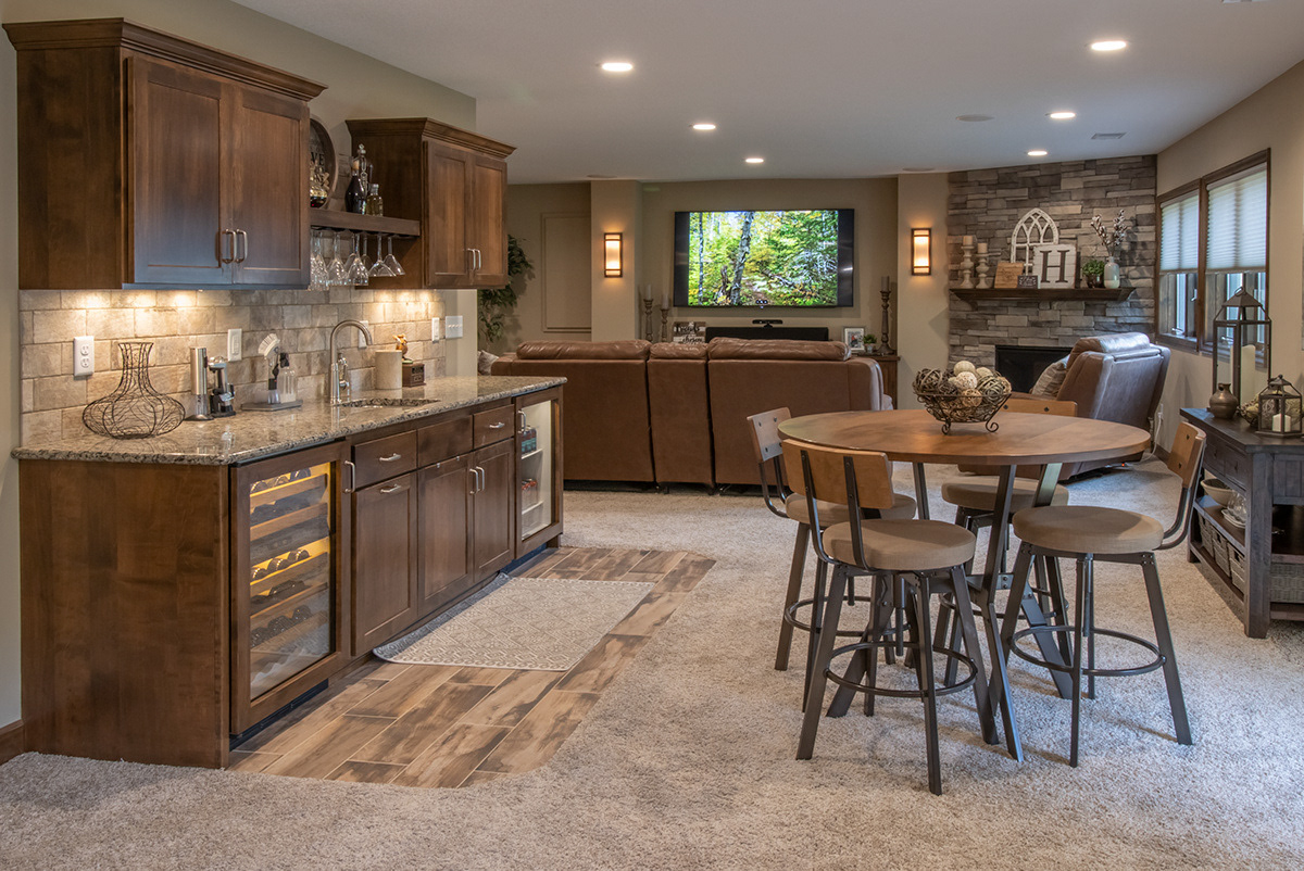 Professional interior photography of a finished basement remodel in Minneapolis by John Hermansen