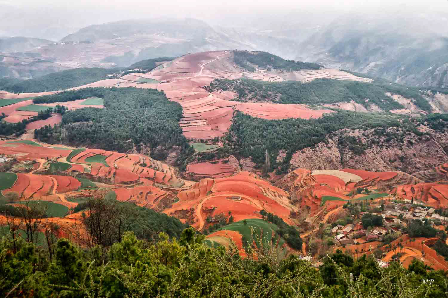 Yunnan - Dong Chuan : La terre rouge, située à une altitude de 1800 à 2600 m, est une terre riche en fer et en aluminium, très acide, pauvre, formée par la haute température et la pluie du Dong Chuan. Ici le site de Damakan un matin sous la brume.