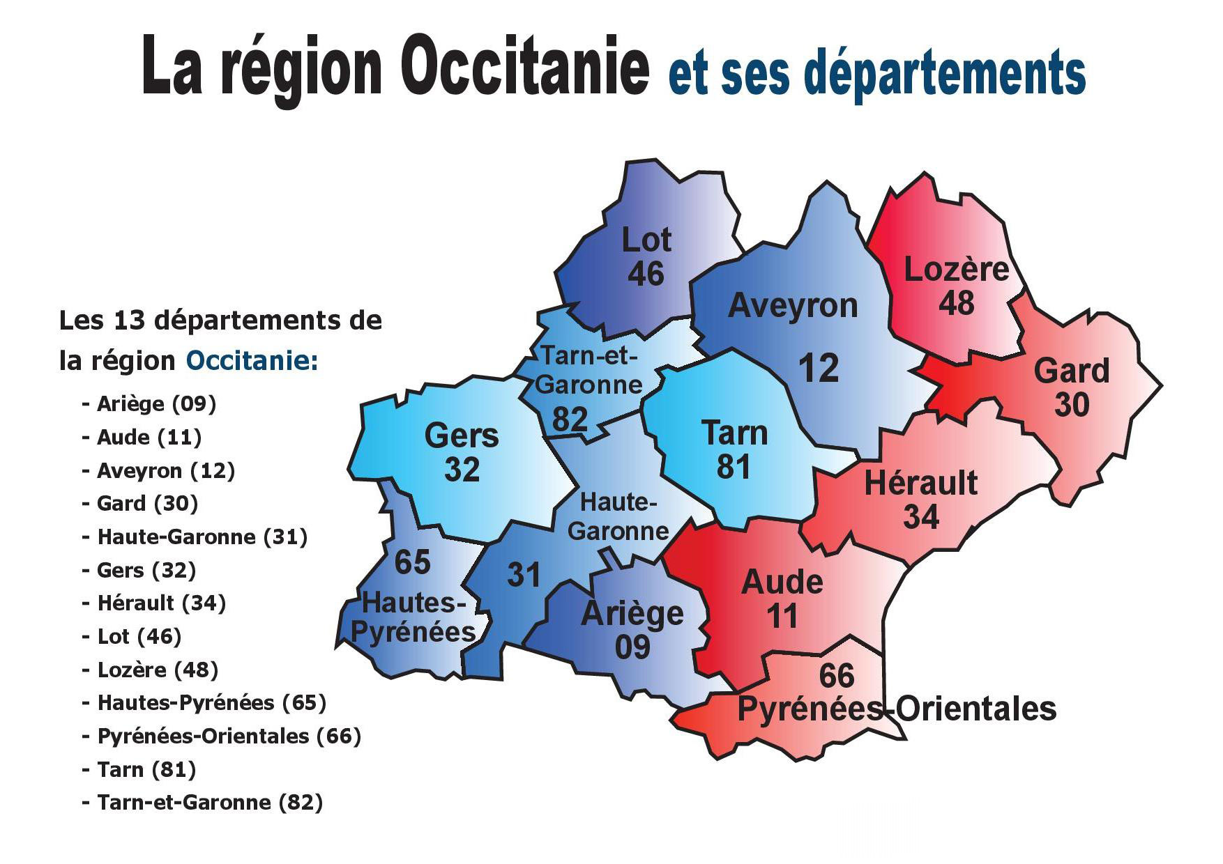 Carte des 13 départements de l'Occitanie