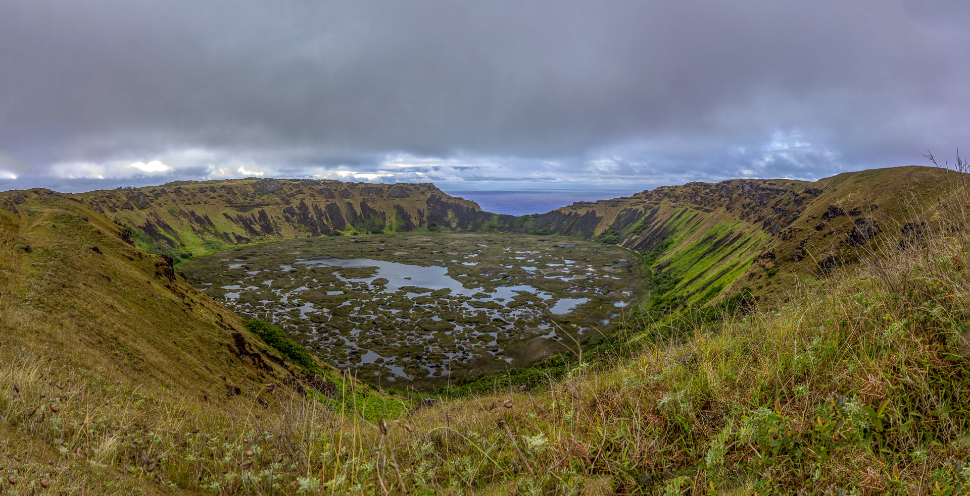 Le volcan Rano Kao, dont le lac intérieur est couvert de roseaux dits totoras (410m)