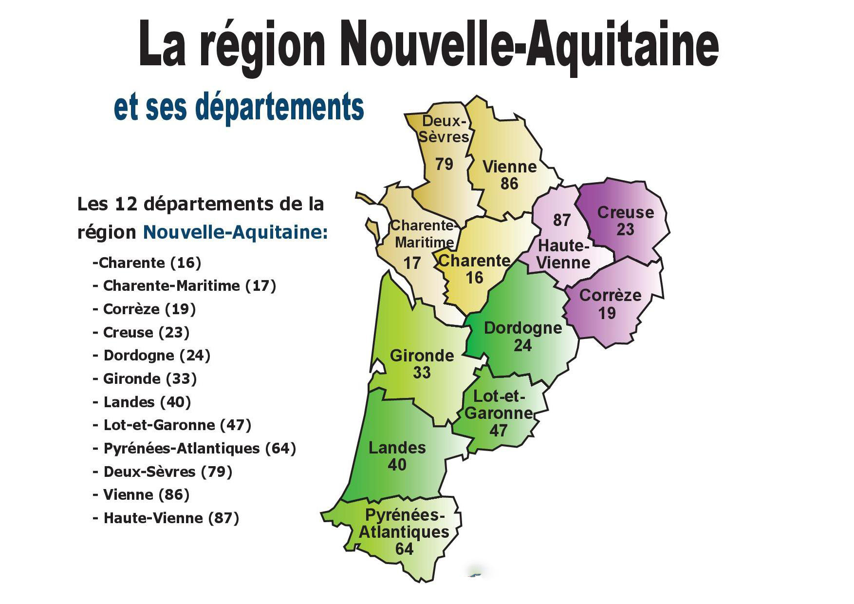 Les 12 départements de la région Nlle-Aquitaine