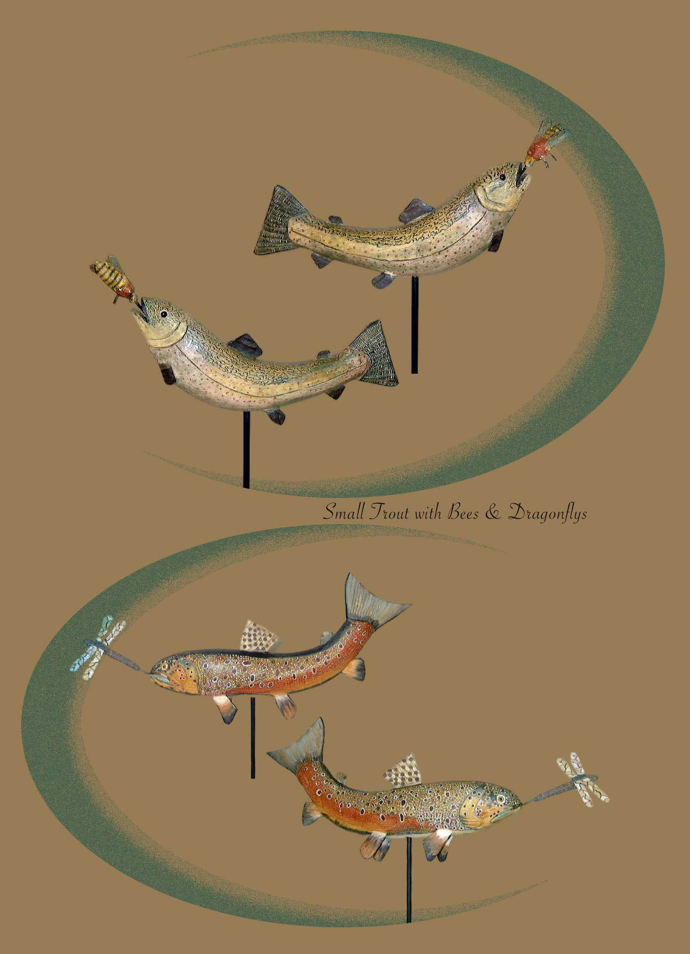 Four trout with dragonfly and bumble bee