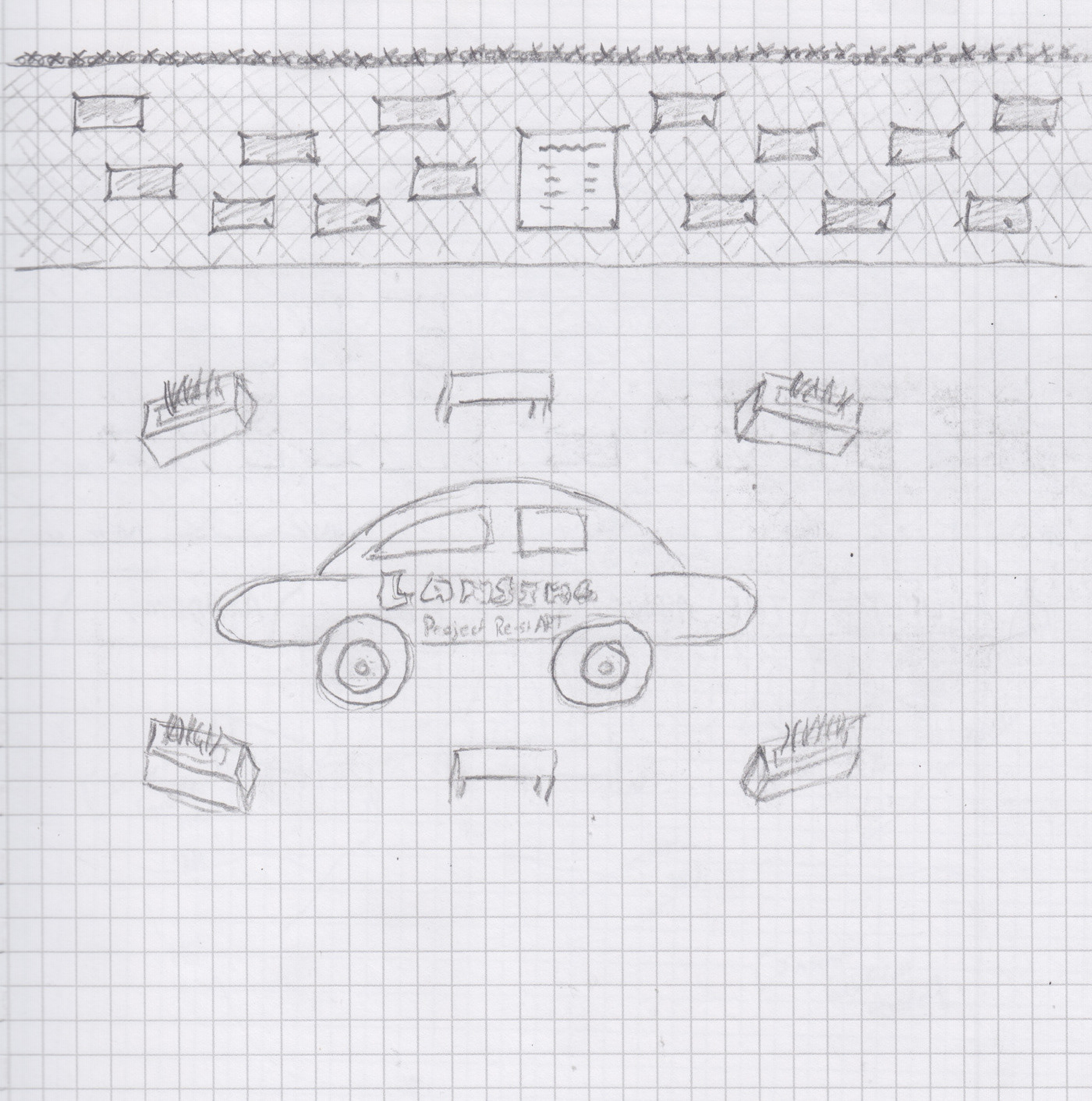 A sketch calling for the placement of a reclaimed car sculpture