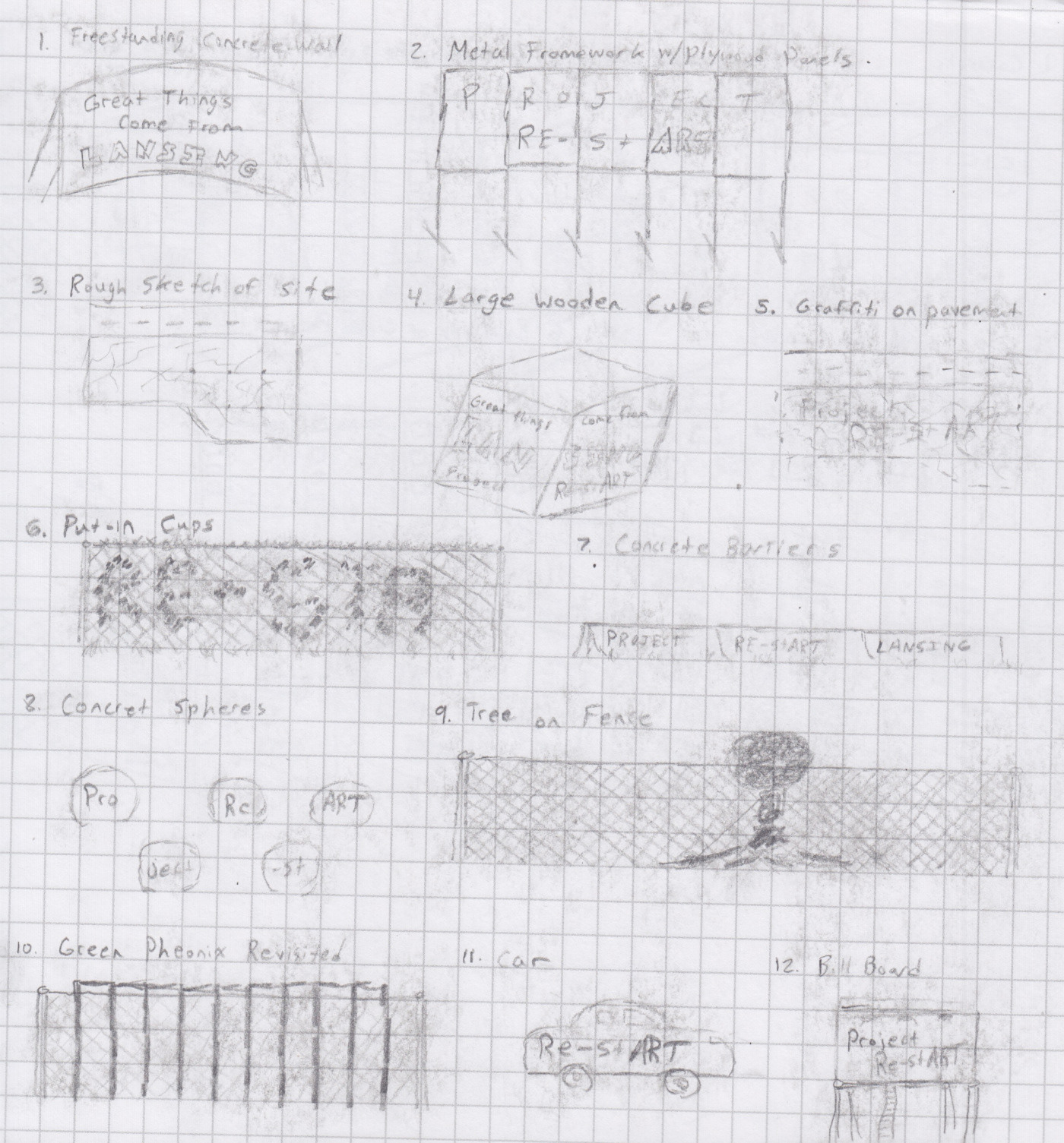 Sketches of several older ideas that had been developed throughout the process