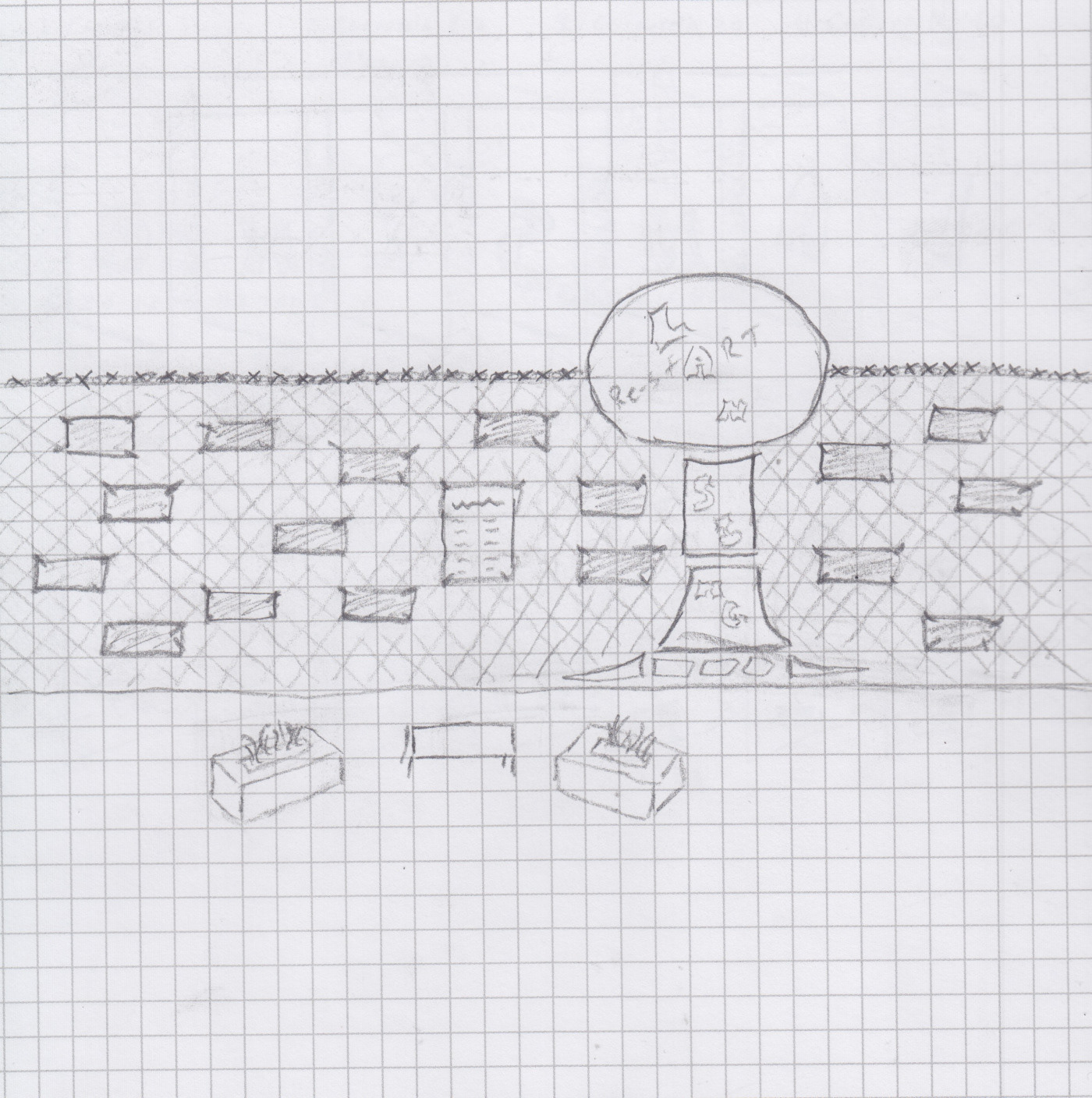 A sketch of an idea calling for using zip ties to attach artwork to the fence