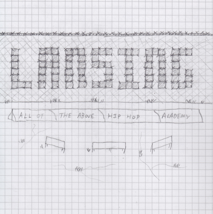 A sketch depicting panels on the fence and graffiti on road barriers