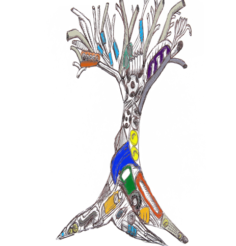 An initial design concept using automotive parts and other representational items to symbolize roots and growth