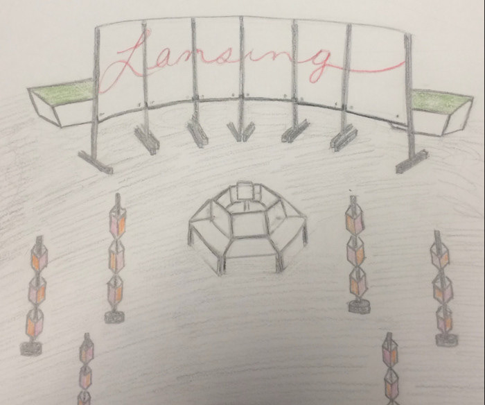 A sketch of our combined designs consisting of a graffiti wall, gardens, and rotating art displays