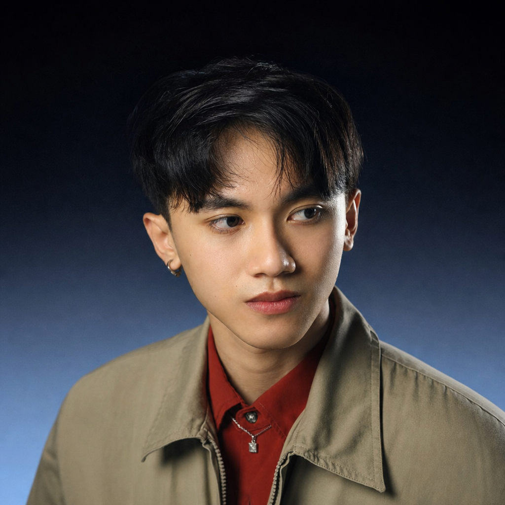 High-resolution color studio portrait of Phurin Pansri (Bhuryhn), a Thai art director and international media manager looking to the side. He wears a beige jacket over a rusted red shirt with a silver necklace, against a professional blue gradient backdrop.
