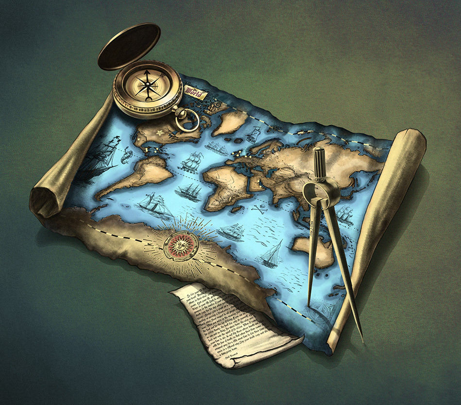 Map and Compass digital illustration