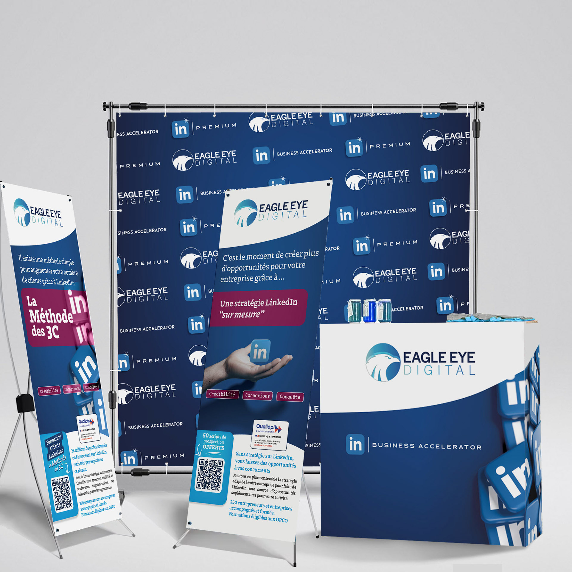 Vue d'ensemble de supports évenement de la société Eagle Eye digital