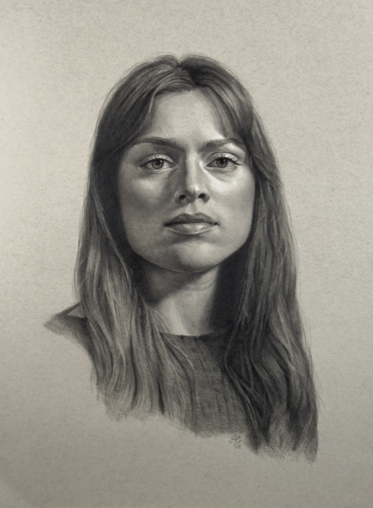 Haley, 2026. "18X24” Pencil and white pastel on toned archival paper.