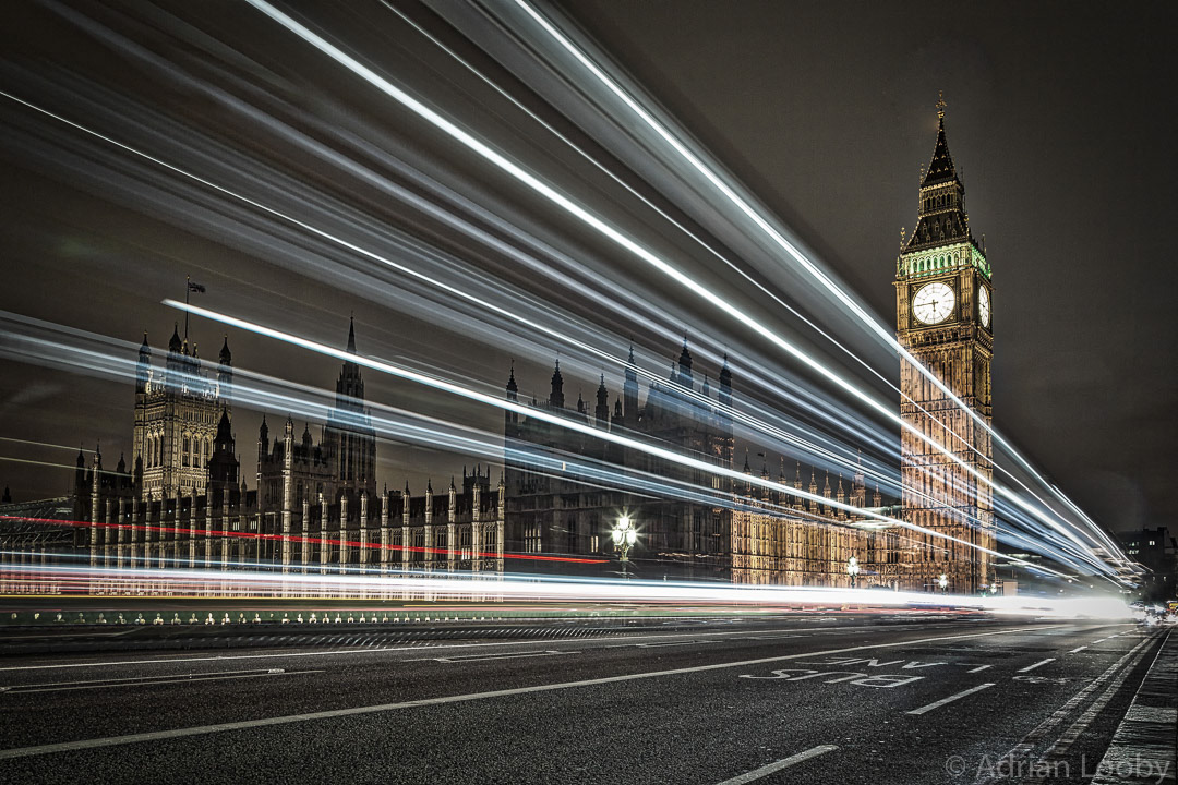 Light trails over Westminster Bridge, London