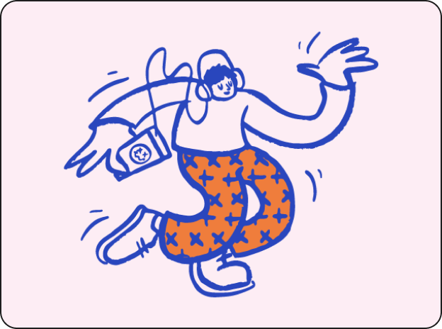 A whimsical drawing of a person joyfully dancing. They are wearing large headphones, orange pants with a blue cross pattern, and oversized shoes. One arm holds a music player while the other is raised, enhancing the sense of movement and rhythm.