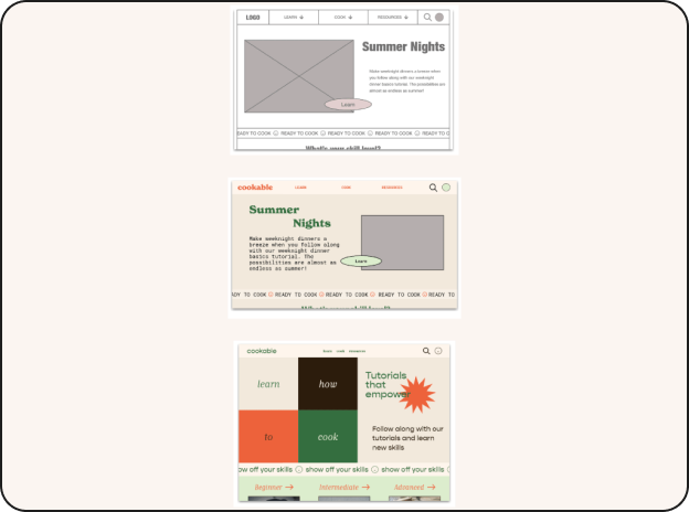 Three webpage design mockups for "cookable." The first has a large banner titled "Summer Nights." The second has similar content with highlights and text like "Relax tonight." The third emphasizes "Tutorials that empower" with a mix of green and orange blocks and buttons.