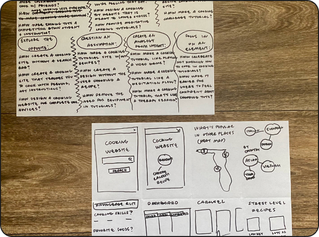 Two handwritten pages on a wooden table detail brainstorming and planning for an app or website. The first page discusses "How Might We" questions, focusing on cooking insights and features. The second page shows sketches of app layouts and user pathways.