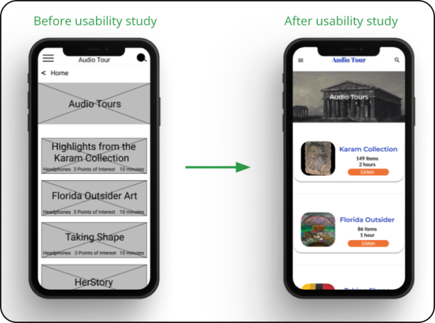 A collage of 12 smartphone screens displaying an art museum app. The screens show a mix of the home page, navigation menus, exhibit listings, and details about ancient artifacts. The app includes audio tours, accessibility features, and detailed descriptions of exhibits.